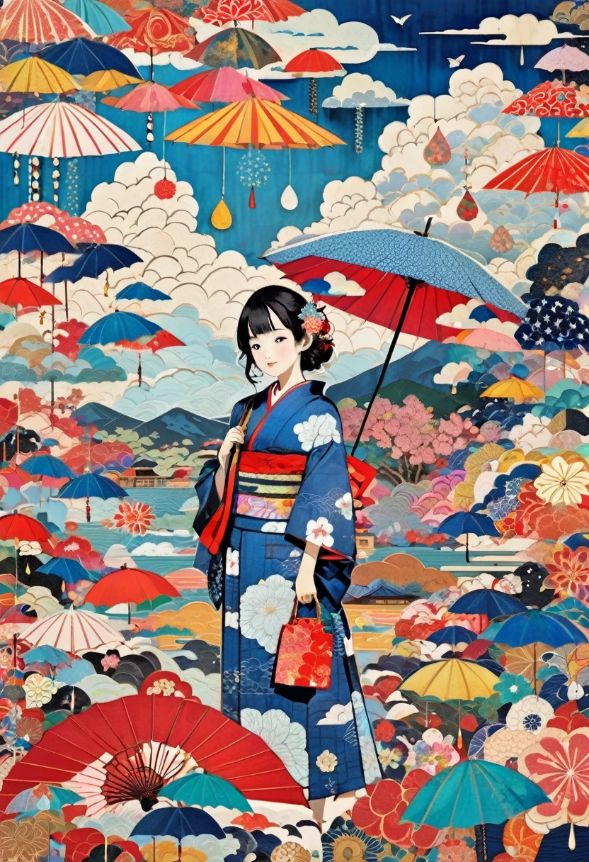 (masterpiece, best quality),
woodblock print collage depicting,american girl,she is surrounded by various raindrop and Parasol symbols,yukata,natsumatsuri, cumulonimbus cloud,colorful, collage art, contemporary artistic collage,