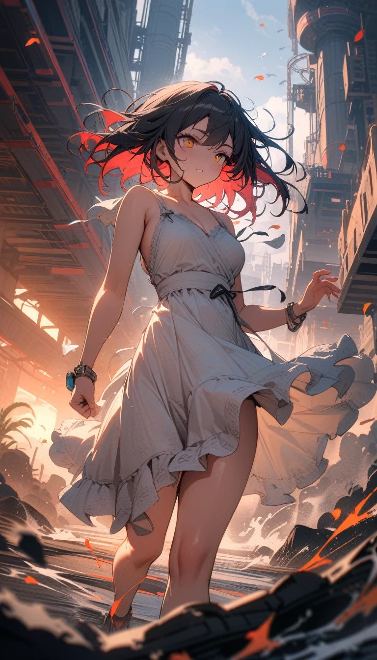 ((best quality)) , ((masterpiece)) , (detailed),Color splash, Ghostly Astronaut (Li Gong:1.3) , wearing Shabby Chic Wrap dress, has metallic plating, Colored hair, Fossil fuel power station in background,((breeze)), flying splashes, flying petals, wind