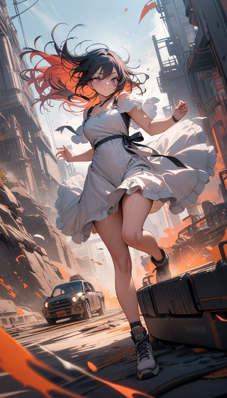 ((best quality)) , ((masterpiece)) , (detailed)，Color splash, Ghostly Astronaut (Li Gong:1.3) , wearing Shabby Chic Wrap dress, has metallic plating, Colored hair, Fossil fuel power station in background,((breeze)), flying splashes,  flying petals, wind