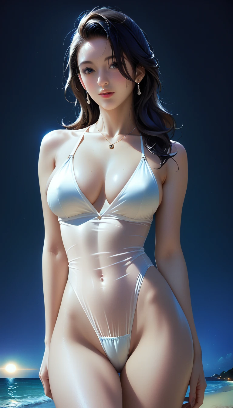 score_9, score_8_superior, score_7_superior, Masterpieces with up to 16K resolution,Highest quality,it is really amazing,Very detailed,Ultra-high resolution,(Ultra-realistic:1.1),(Realistic:1.1),Increased depth of field,Cinematic lighting,
Elegant Japanese MILF,
Long black hair,Ultra-detailed and beautiful faces,Translucent white skin,Very detailedな肌,
(Elegant white swimsuit:1.1),
Bold design,Artistic design,Beautiful and detailed pattern,Detailed fabric texture,
Gorgeous necklace,Earrings,
(Bali Beach:1.1),(Dark beach at night:1.1),(Deserted beach:1.1),(A pitch black night sky with dark clouds:1.1),
(Cinematic Angle:1.1),