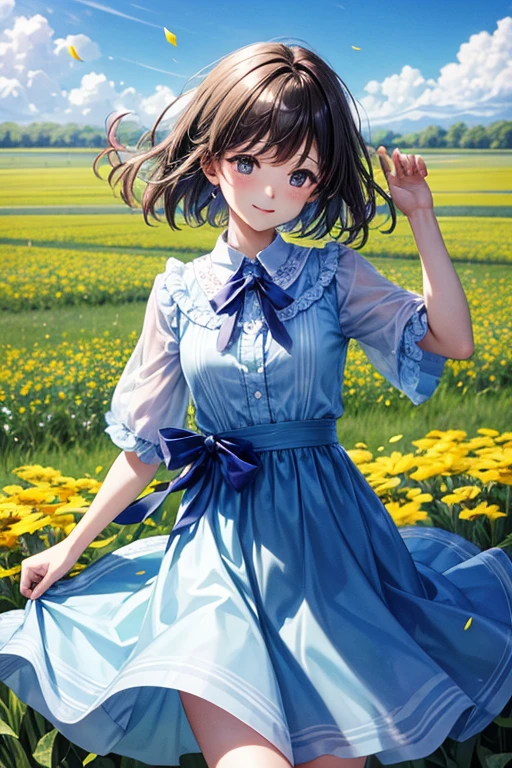 ### Scene 3: A dramatic moment - **overview**: A heart-warming moment like a drama。
- **picture**: Under the blue sky、A field full of flowers。Petals swaying in the wind。