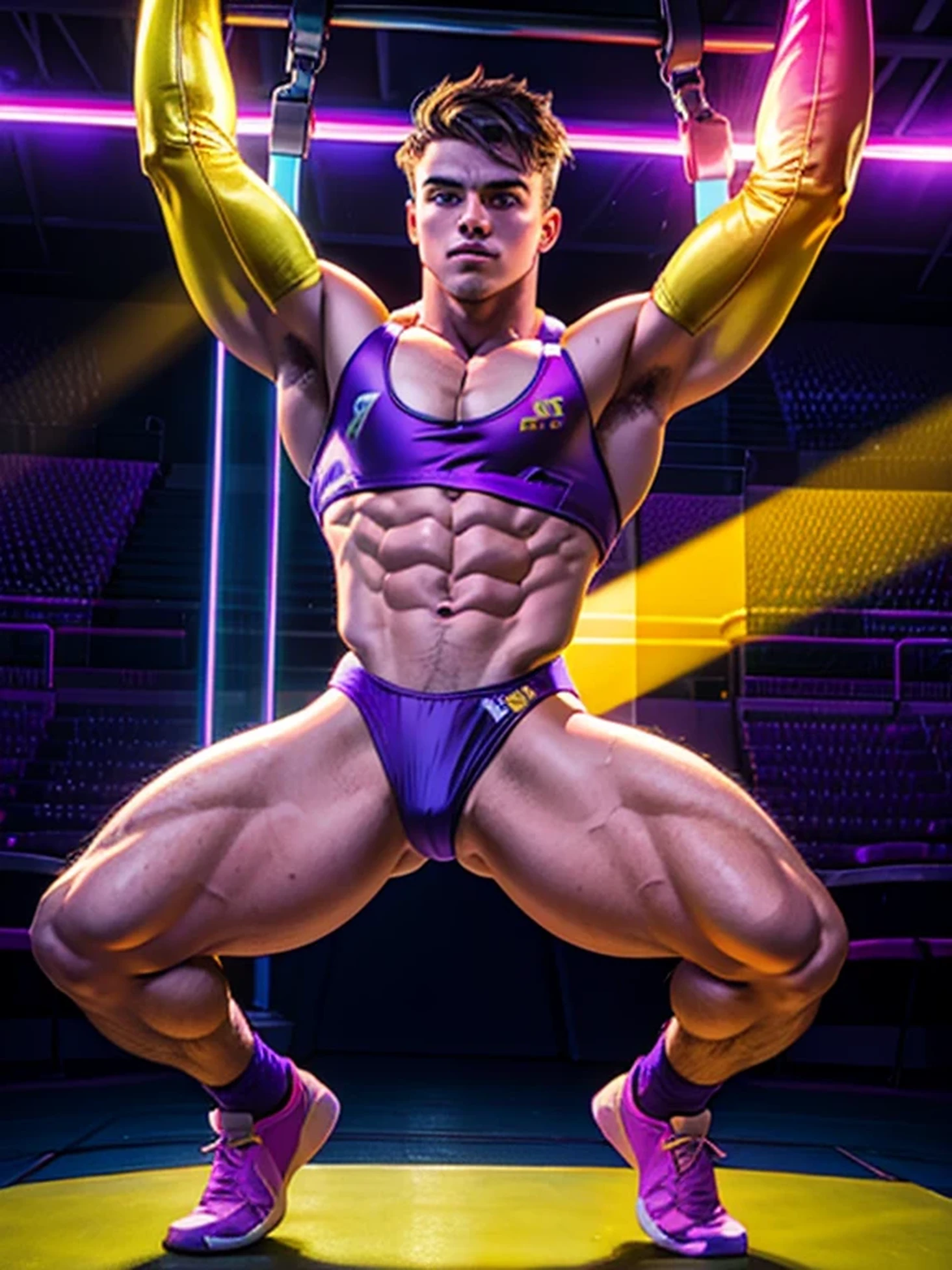 a handsome hot male gymnast in yellow and purple thong jump, background neon lights and a gymcenter