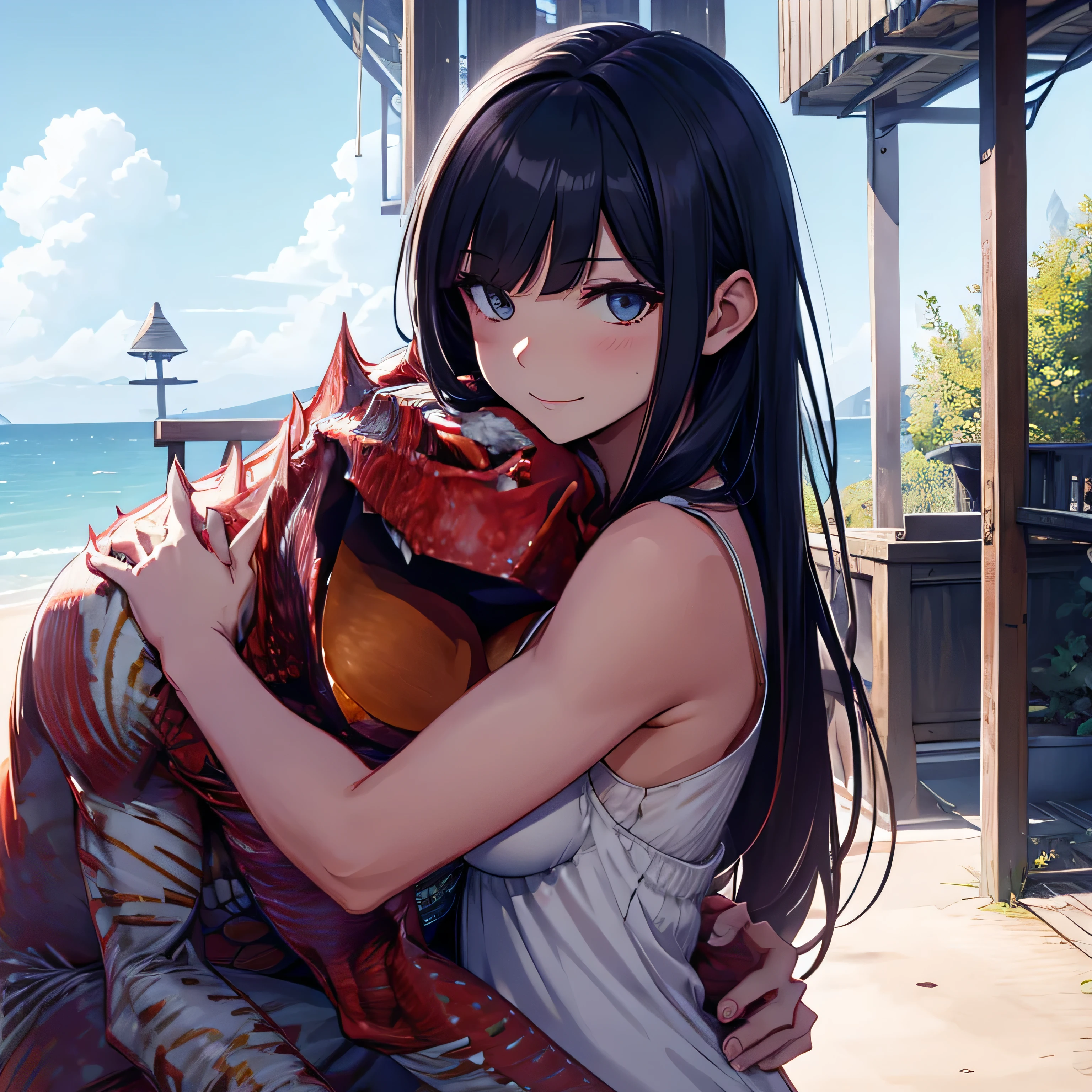 hunter, monster, 1girl, beach, afternoon smile, black hair, long hair, white outfit, bare arms, girl hug monster on her shoulder, monster head on girl shoulder, monster riding on her back