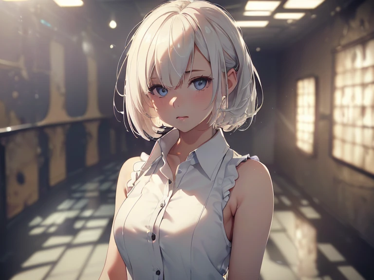 Highest quality, Ultra-high resolution, One Girl, sleeveless white button-up shirt, Black Skirt, cute,(Platinum Blonde Hair:1), ((Puffy eyes)), Show Viewer(Depth of Field HDR 8K 4K Wallpaper Cinematic Angle, Cinema Lighting,:1.5) (masterpiece, Highest quality:2.0),City Pop,Inside the cafe