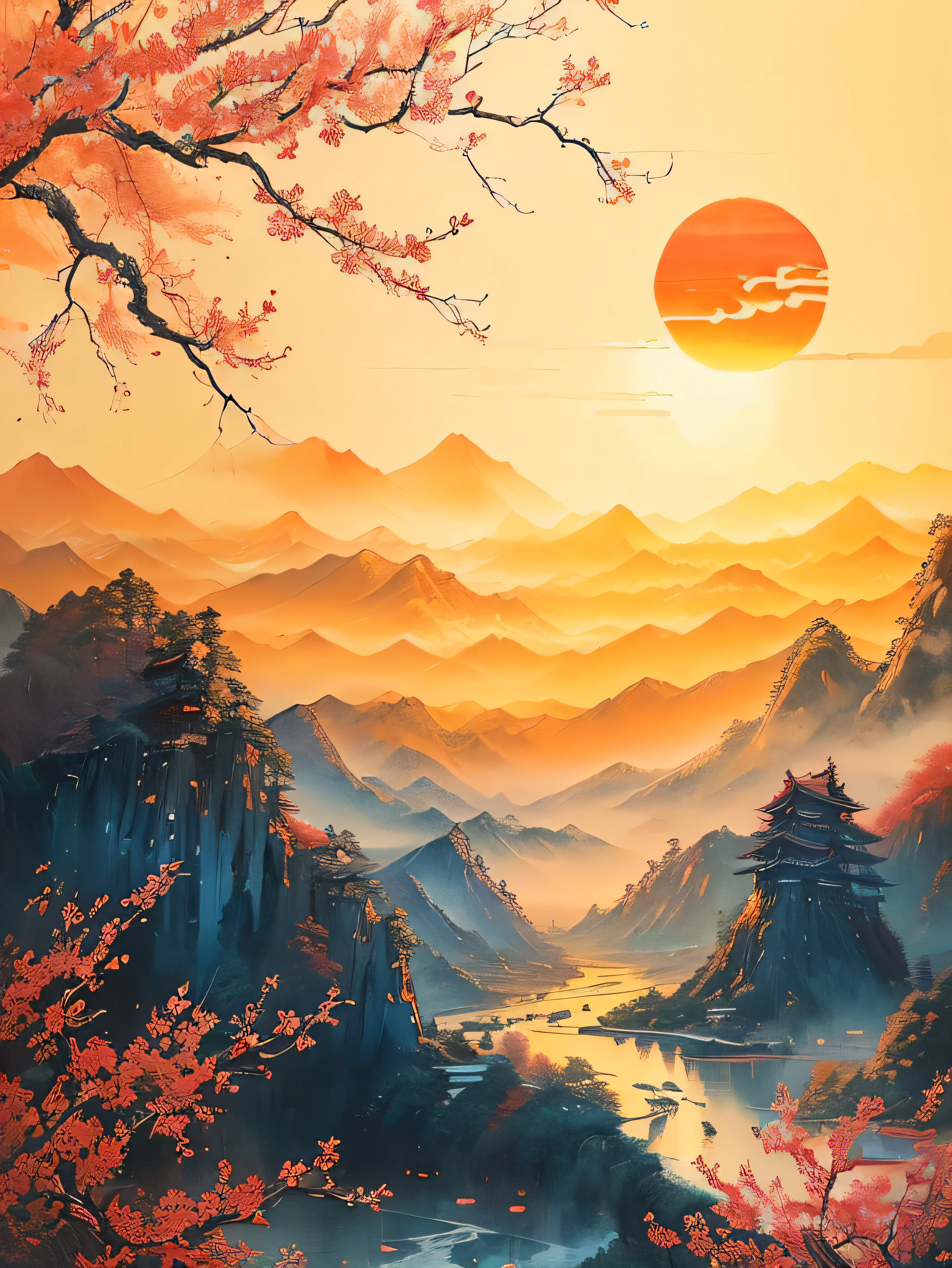 Oil painting'sunset oil with river and mountains in the background, Japanese artistic style, Japanese landscape, paysage chinois, Japanese style painting, Inspiré par Sun Kehong, oeuvre de paysage, traditional japanese painting, Red sun above the sky, Peinture de style chinois, Fantasy landscape art, Detailed 4K, Style de peinture chinoise, oriental wallpaper, art japonais traditionnel, Fantasy landscape painting