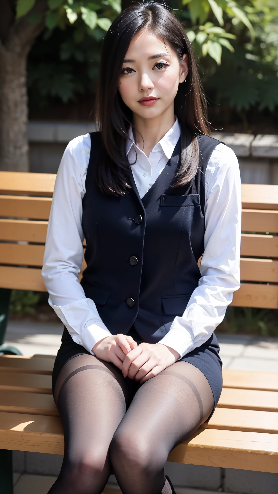 Urzan-6500-v1.1, (RAW Photos:1.2),, (Photorealistic), (The pieces fly), (Genuine:1.4), 1Mature Woman, Perfect Anatomy, 48 years old, Looking at the camera, Medium Long Hair, Black vest, ((Sitting on a bench:1.3)), (Super realistic black sheer pantyhose:1.2), (High heels)、(Business services),