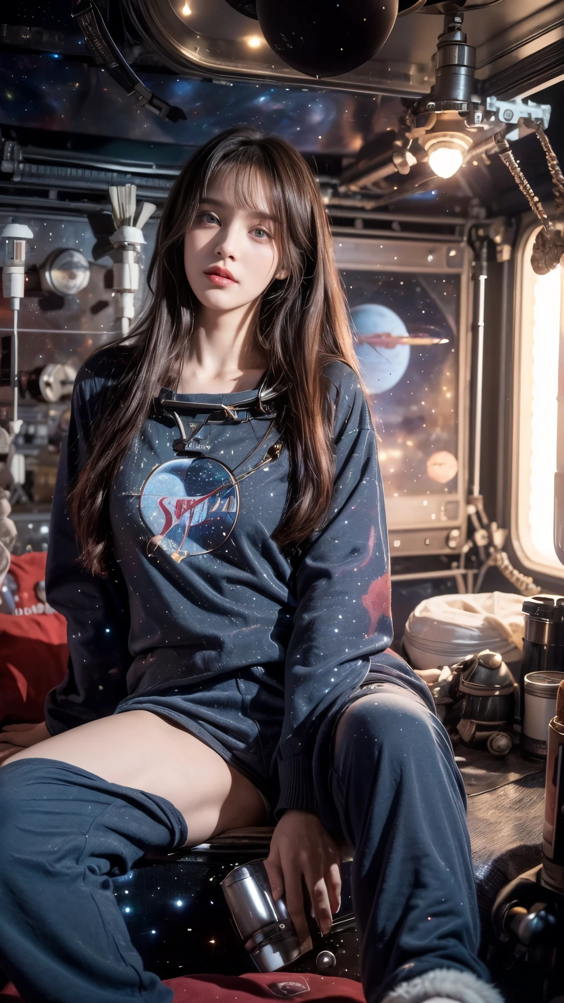 solo, 30yo woman, (Illyana Rasputin:1.2)
, (Beuty:1.3) , (cute:1.0), (selfie1:1), medium length hair, , (freckles:1.0), (black eyes:1.0),, (wearing wizard clothes:1.3), (shirt, pajama pants, socks, :1.1), (seductive smile:0.9), (light red lipstick:0.9), (beautiful:1.0),
(space-station apartment,:1.5), looking at viewer, () , (close up:1.3), Expressiveh, (colorful:1.2), (spread legs:1.0), (standing:1.1), ,(aesthetic),, Explicit camera angle, (ultra realistic, realism:1.7),