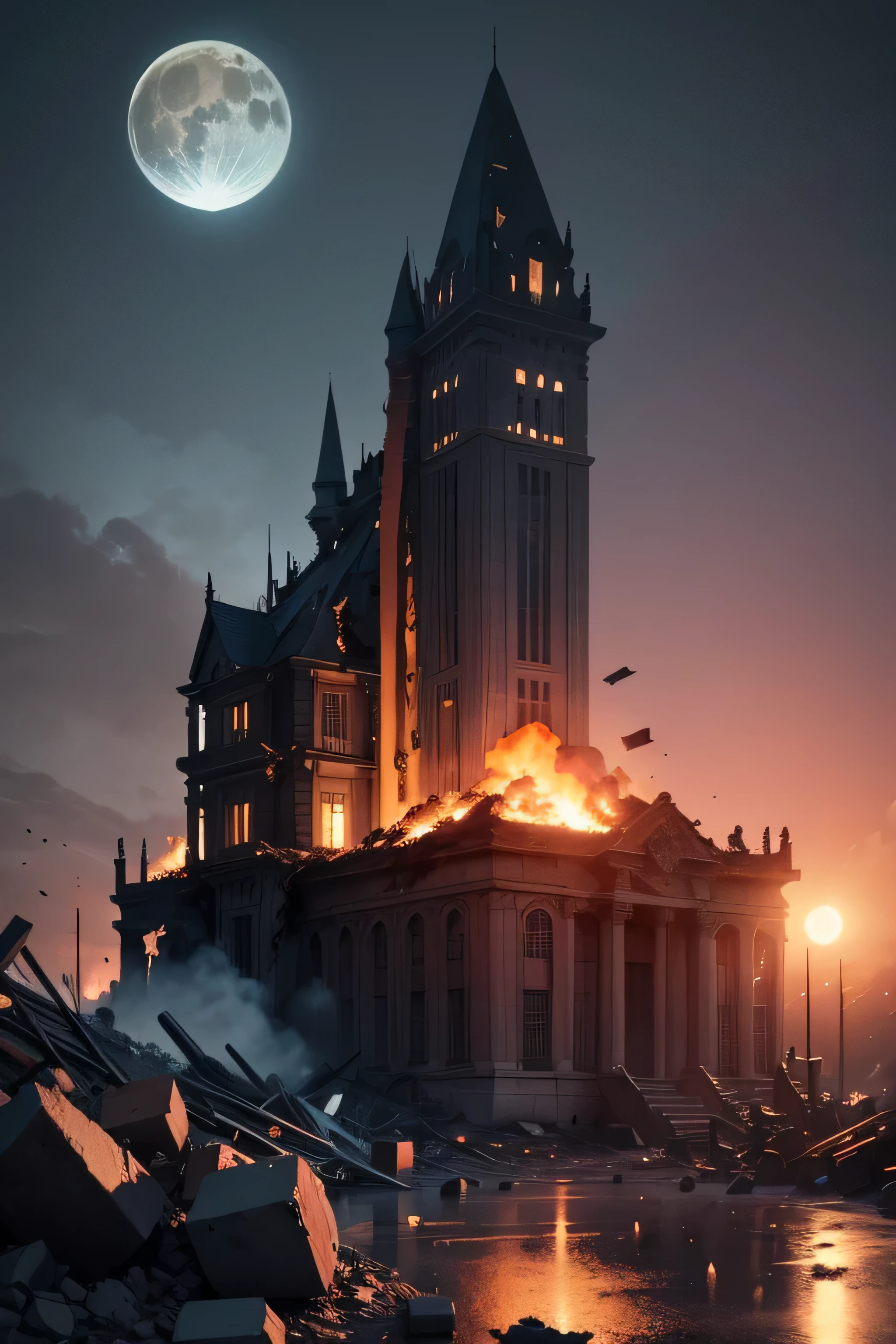 Rubble mansion, destruction, fire, night and a moon in the sky... Animation style, 2d, anime, with ultra realistic details.