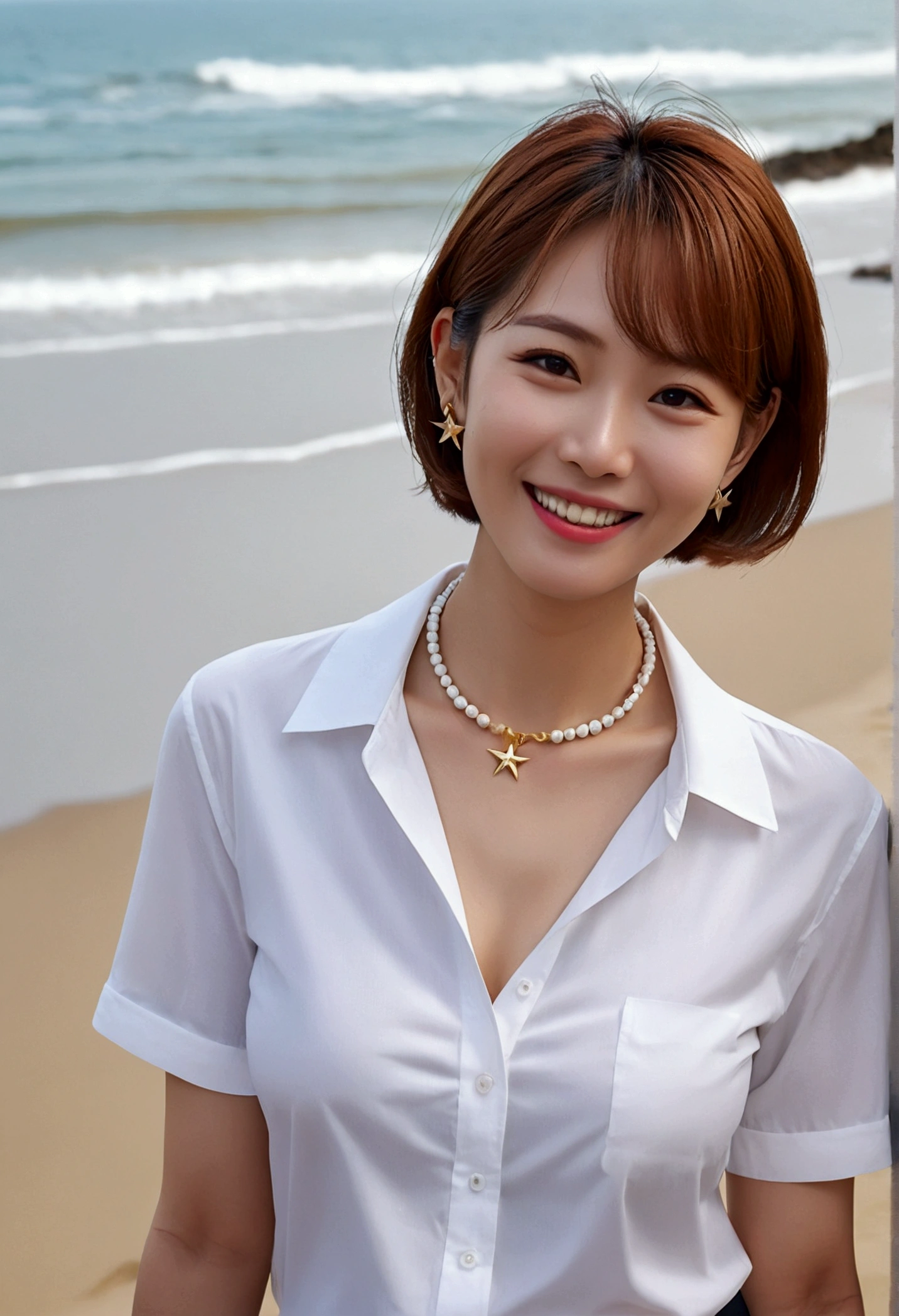 ((Highest quality)), ((masterpiece)), (detailed), ((Highest quality))、born、4K、High resolution、smile、Perfect Face, Japanese、30 years old、woman、short hair、Bob Hair、Star Earrings、necklace、Light brown hair、Large Breasts、Cleavage、Perfect Anatomy、Anatomically correct body、((White collared shirt))、Beach、