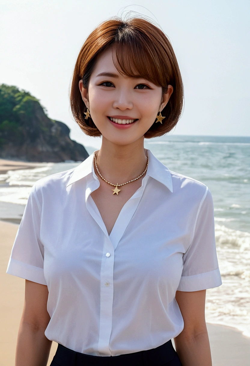 ((Highest quality)), ((masterpiece)), (detailed), ((Highest quality))、born、4K、High resolution、smile、Perfect Face, Japanese、30 years old、woman、short hair、Bob Hair、Star Earrings、necklace、Light brown hair、Large Breasts、Cleavage、Perfect Anatomy、Anatomically correct body、((White collared shirt))、Beach、