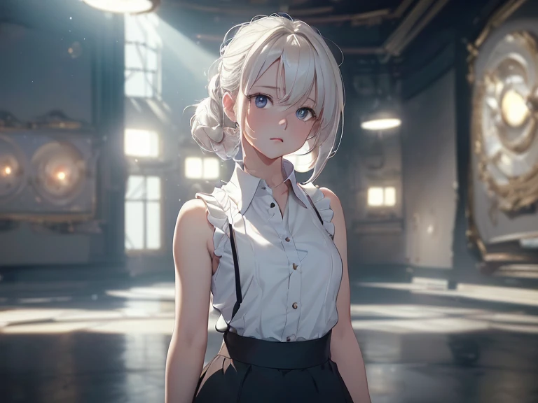 Highest quality, Ultra-high resolution, One Girl, sleeveless white button-up shirt, Black Skirt, cute,(Platinum Blonde Hair:1), ((Puffy eyes)), Show Viewer(Depth of Field HDR 8K 4K Wallpaper Cinematic Angle, Cinema Lighting,:1.5) (masterpiece, Highest quality:2.0),City Pop,Inside the cafe