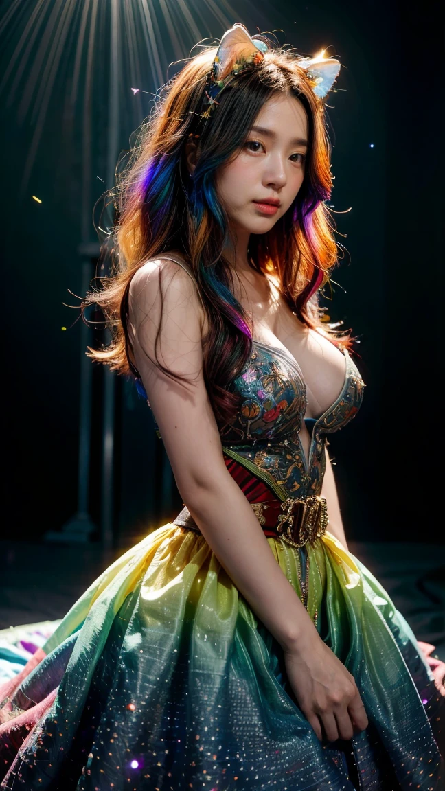 1girl, masterpiece, extremly detailed, ((Cinematic lighting)), (glowing), ((dramatic lighting)), ((beautiful detailed glow)), intricate detail, lens flare, multicolored hair, rainbow hair, long hair, multicolored dress, butterfly hair ornament, butterflies, (light particles), Arms behind back, large breasts, [curvy], cowboy shot, light smile, green eyes, church, stained glass, spotlight, dark background, floating hair, floating hair, looking at viewer,((colorful))