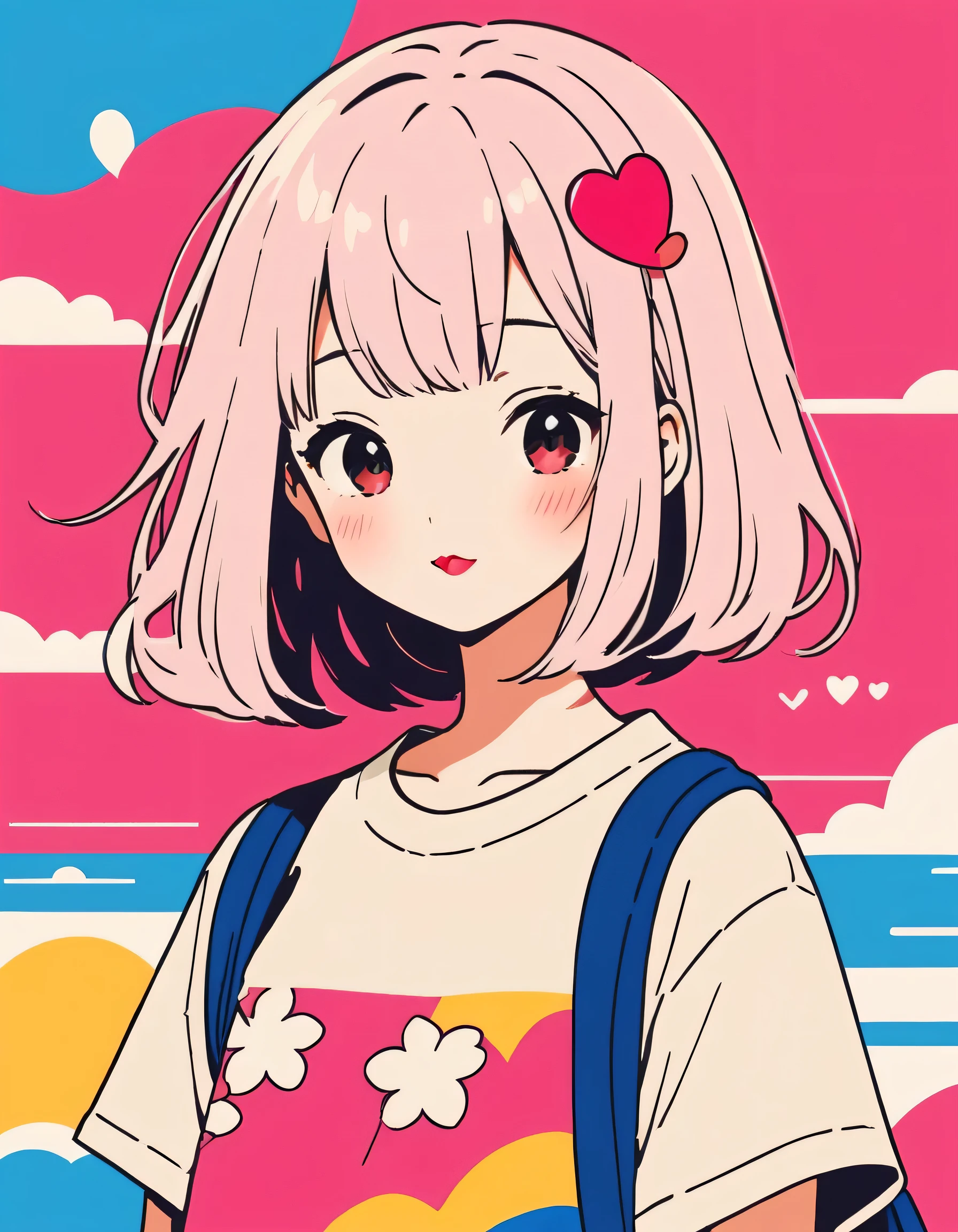 Momoko Sakura colorful style, Simple Line Initialism,Abstract art,Urban Background, (((The most beautiful girl of all time))), Sweet face. Lips in love, colorful hearts, stylish design, 夏のオシャレなTシャツ, (((summer beach))),