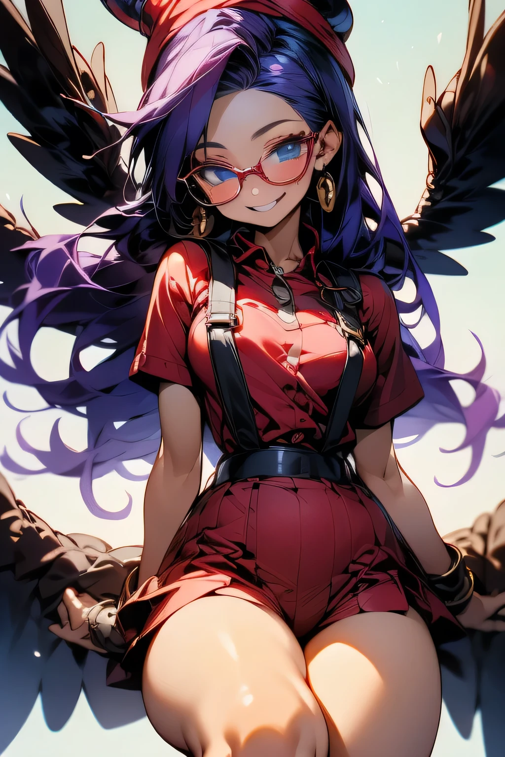 (Master Parts, Highest quality;1.3), Super detailed, One girl, alone, Arale, middle , Narrow waist, Wide Hips, Thick thighs, Big Ass, Karbus Singh CC, Sexy pose , Glasses, blue eyes, Long Hair,Purple Hair, Short sleeve, Wing Hat, Wing Cover, Red Shirt, Blue Overalls, With a smile,