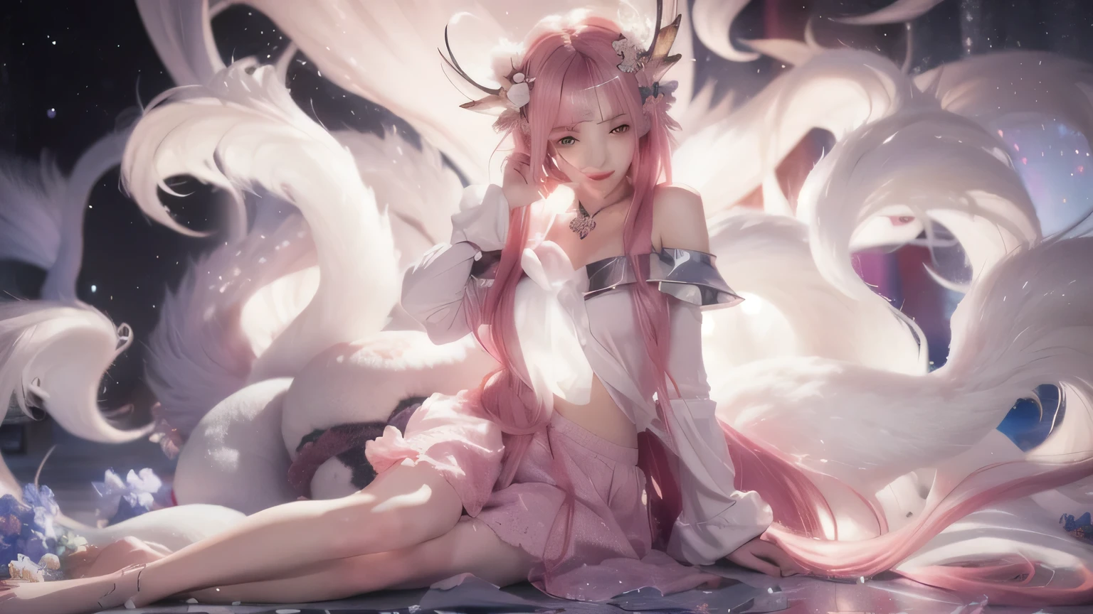  girl, pink hair, very beautiful face, nine tail, masterpiece, ultra HD, 4k, ultra high resolution. 