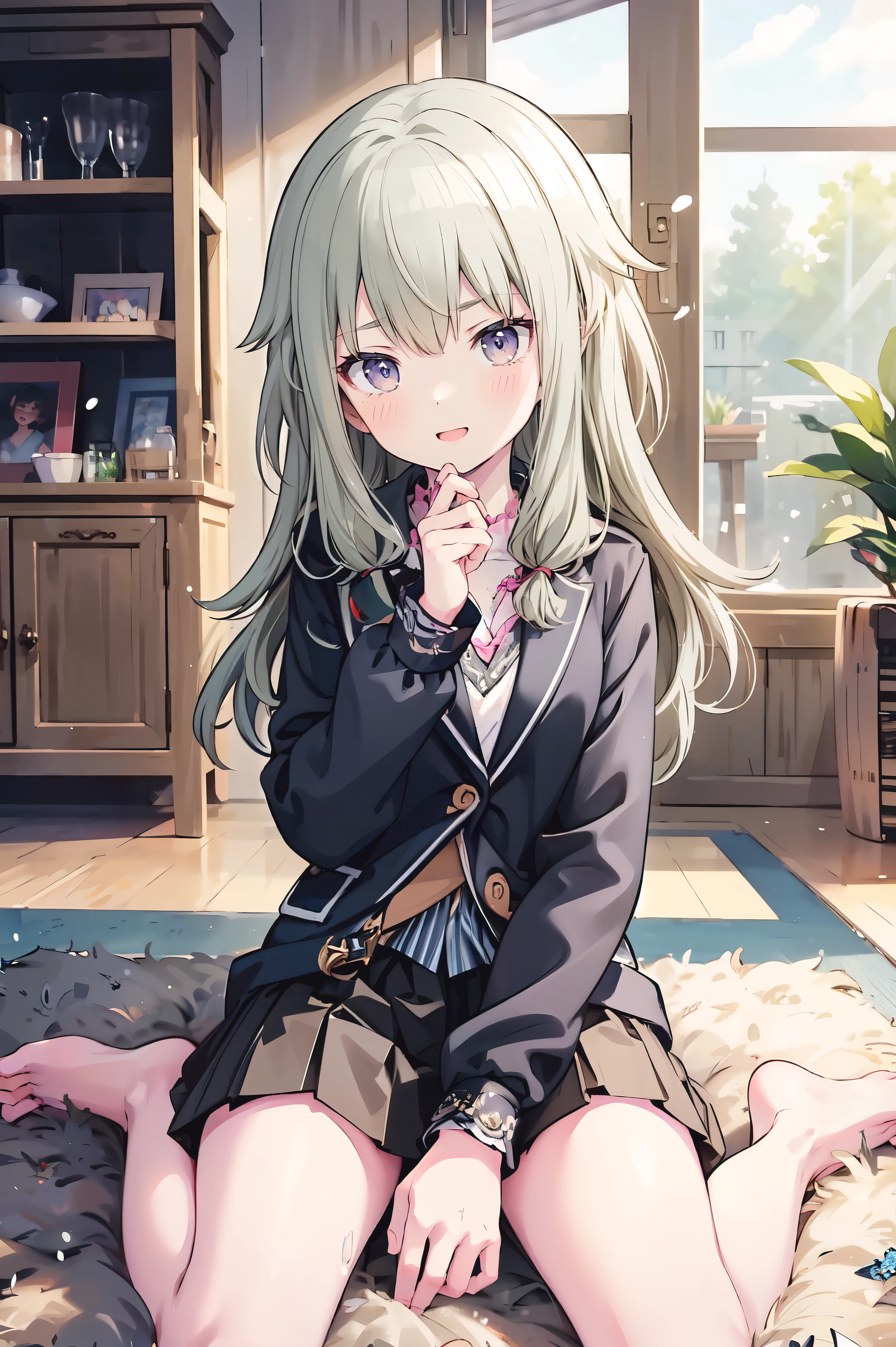 (8k, 最high quality)、Ultra-high resolution、adorable、最high quality, beautiful, Absurd beauty、masterpiece、Best image quality、(Front facing)、good feeling、smile,Face the camera、Delicate eyes、smile、Small face、female、1 person、masterpiece, Most detailed、、blazer、skirt、 high quality、♡、heart、Shiny Hair、Very fine and beautiful bright eyeedium chest、Read books too、nose blush、Very detailed, clear and beautiful face, Awards, (Anatomically correct)、The whole body is visible、Focus on the face、Sitting on the floor、Stretch your legs