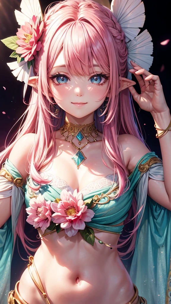 pink hair, hair over shoulder, parted bangs, jewelry, flower on head, mismatched pupils, aqua eyes, heart earrings, light smile, closed mouth, cinematic lighting, UHD, textured skin, high details, best quality, highres, 4K, 8k