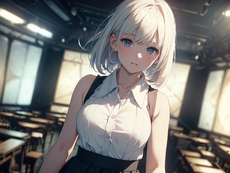 Highest quality, Ultra-high resolution, One Girl, sleeveless white button-up shirt, Black Skirt, cute,(Platinum Blonde Hair:1), ((Puffy eyes)), Show Viewer(Depth of Field HDR 8K 4K Wallpaper Cinematic Angle, Cinema Lighting,:1.5) (masterpiece, Highest quality:2.0),City Pop,Inside the cafe