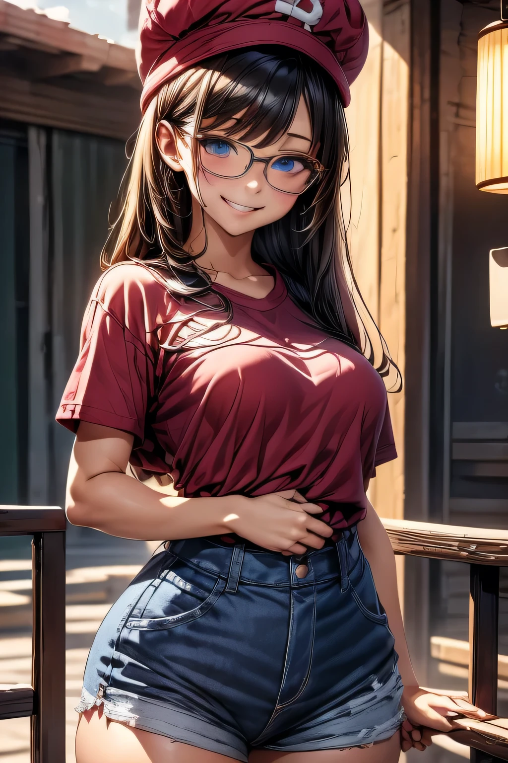 (Master Parts, Highest quality;1.3), Super detailed, One girl, alone, arale, ((dr.SLUMP,Norimaki Arare,Arale-chan))middle , Narrow waist, Wide Hips, Thick thighs, BIG ASS, Karbus Singh CC, Sexy pose , Glasses, Blue eyes, Long Hair,Purple Hair, Short sleeve, Wing Hat, Wing Cover, Red Shirt, Blue Overalls, With a smile,High resolution, masterpiece, masterpiece, Anatomically correct, Winner of numerous awards, Highest quality, detail, 高いdetail, High-resolution model,