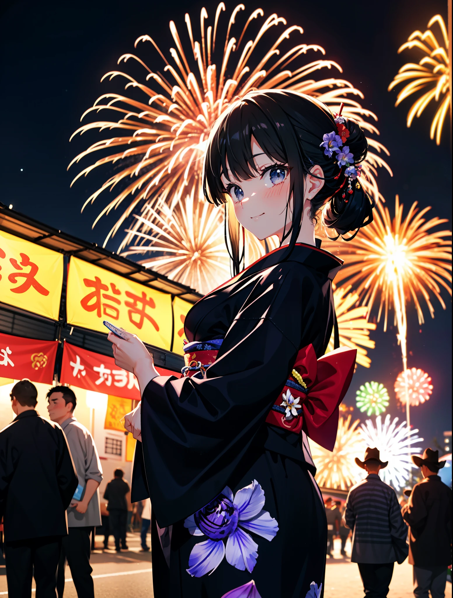 mioakiyama, My Akiyama, Long Hair, bangs, Black Hair, (Iris:1.3), Hime cut,blush,smile,hair tied back,Flower Hair Ornaments,Black yukata,Japanese Festivals，Summer festival food stalls、Red lantern,Fireworks in the night sky,Fireworks,The place is a fireworks display,Time is night,sunny day,whole bodyがイラストに入るように
break outdoors, shrine,
break looking at viewer, whole body,(Cowboy Shot:1.5),
break (masterpiece:1.2), Highest quality, High resolution, unity 8k wallpaper, (figure:0.8), (Beautiful attention to detail:1.6), Highly detailed face, Perfect lighting, Highly detailed CG, (Perfect hands, Perfect Anatomy),