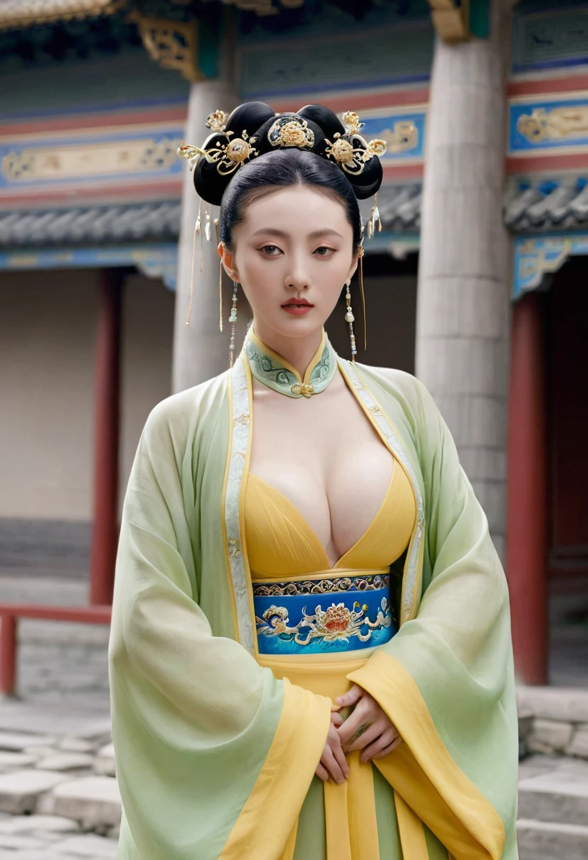 Chinese actress Xu Xun in The Legend of Ruyi (Zhou Xun) A Qing dynasty Empress standing in the foreground, showing her large breasts, her hairy pussy and underbelly, naked without underwear on the cobblestones outside a Chinese palace during the Qing dynasty、Chinese empress hairstyle big crown