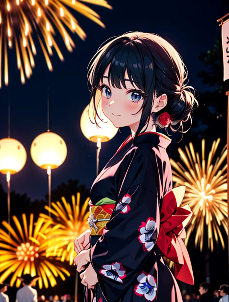 mioakiyama, My Akiyama, Long Hair, bangs, Black Hair, (Iris:1.3), Hime cut,blush,smile,hair tied back,Flower Hair Ornaments,Black yukata,Japanese Festivals，Summer festival food stalls、Red lantern,Fireworks in the night sky,Fireworks,The place is a fireworks display,Time is night,sunny day,whole bodyがイラストに入るように
break outdoors, shrine,
break looking at viewer, whole body,(Cowboy Shot:1.5),
break (masterpiece:1.2), Highest quality, High resolution, unity 8k wallpaper, (figure:0.8), (Beautiful attention to detail:1.6), Highly detailed face, Perfect lighting, Highly detailed CG, (Perfect hands, Perfect Anatomy),