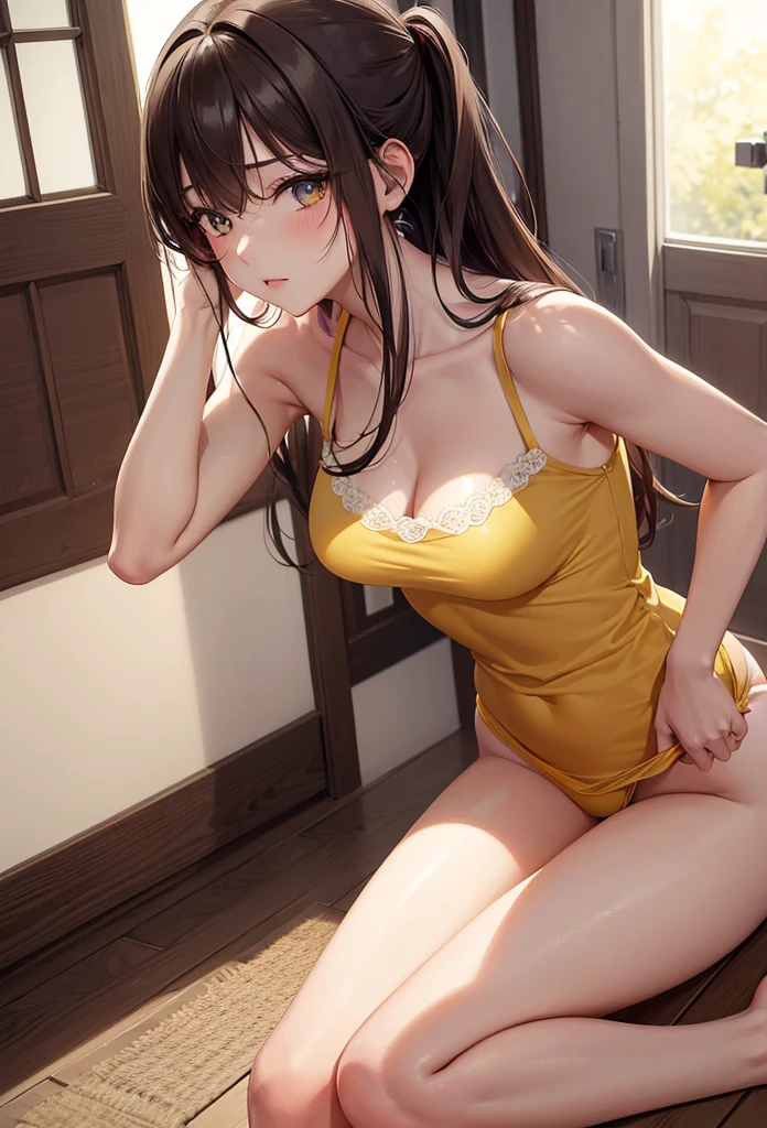 A beautiful girl opening a door with a sleepy expression, anime girl, (20 year old girl:1.3), housewife, inside the room, inside the house, yellow sleeveless camisole, beige lace panties, big round breasts, dark brown hair, long hair, wavy hair, messy hair, bangs aqua eyes, glowing eyes, pupils sparkling, blush, glossy lips, yawn, detailed face, slim waist, shapely legs, beautiful thighs, perfect body, anime CG style, high definition, natural light, high detail, anime, dithering, image fill, perspective, Wide-Angle, f/1.8, 85mm, Sony FE GM, 8k, 8k wallpaper, super detail, highly detailed CG, UHD, retina, masterpiece, accurate, anatomically correct, textured skin, highres, best quality:1.3, 16k