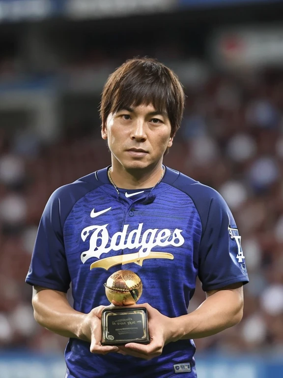 (Award-Winning Moment), male, alone, baseball, baseball選手, Award-Winner, stage, (Trophy), Spotlight, applause, Tears of emotion, Los Angeles Dodgersのユニフォーム, Audience in the background, 