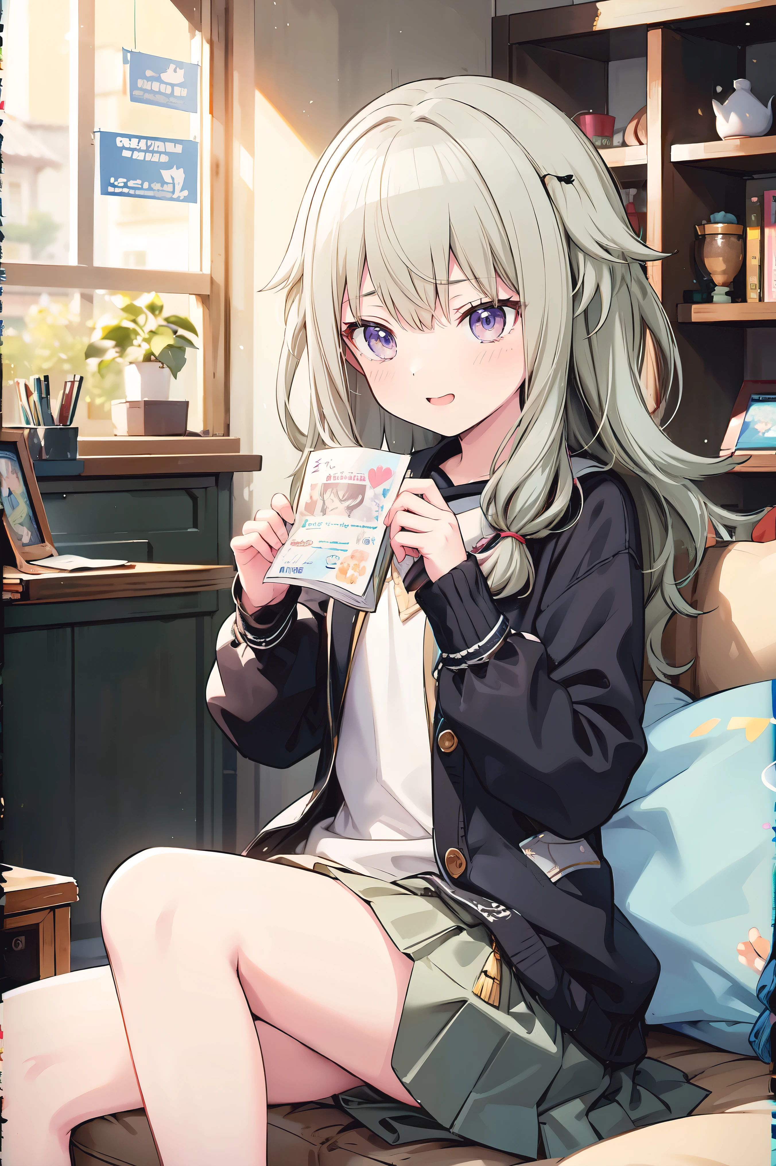 (8k, 最high quality)、Ultra-high resolution、adorable、最high quality, beautiful, Absurd beauty、masterpiece、Best image quality、(Front facing)、good feeling、smile,Face the camera、Delicate eyes、smile、Small face、female、1 person、masterpiece, Most detailed、、blazer、skirt、 high quality、♡、heart、Shiny Hair、Very fine and beautiful bright eyeedium chest、Read books too、nose blush、Very detailed, clear and beautiful face, Awards, (Anatomically correct)、The whole body is visible、Focus on the face、Sitting on the floor、Stretch your legs