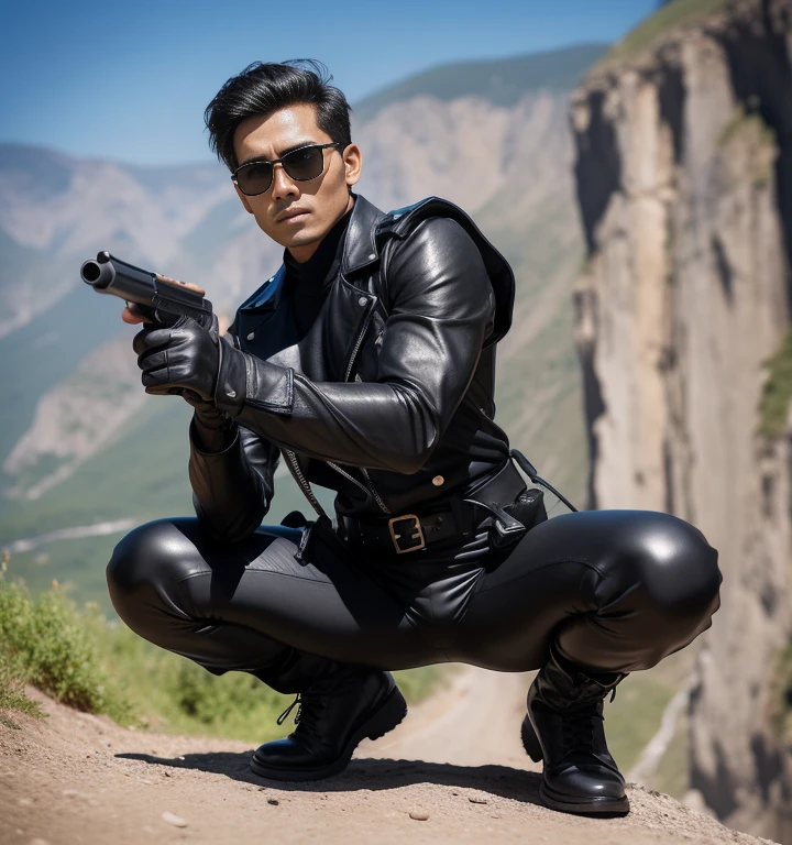 30 years old,One Man,Black bodysuit,Cliff in the mountains、Squat with your legs wide apart、Hold a gun,logic,Gay ,Very short hair,Stubble,Sri Lankan face。Cool handsome guy、Combatant　Fighting spirit　Shocker Belt　Black boots　Black leather gloves　The  area is bulging。Black sunglasses