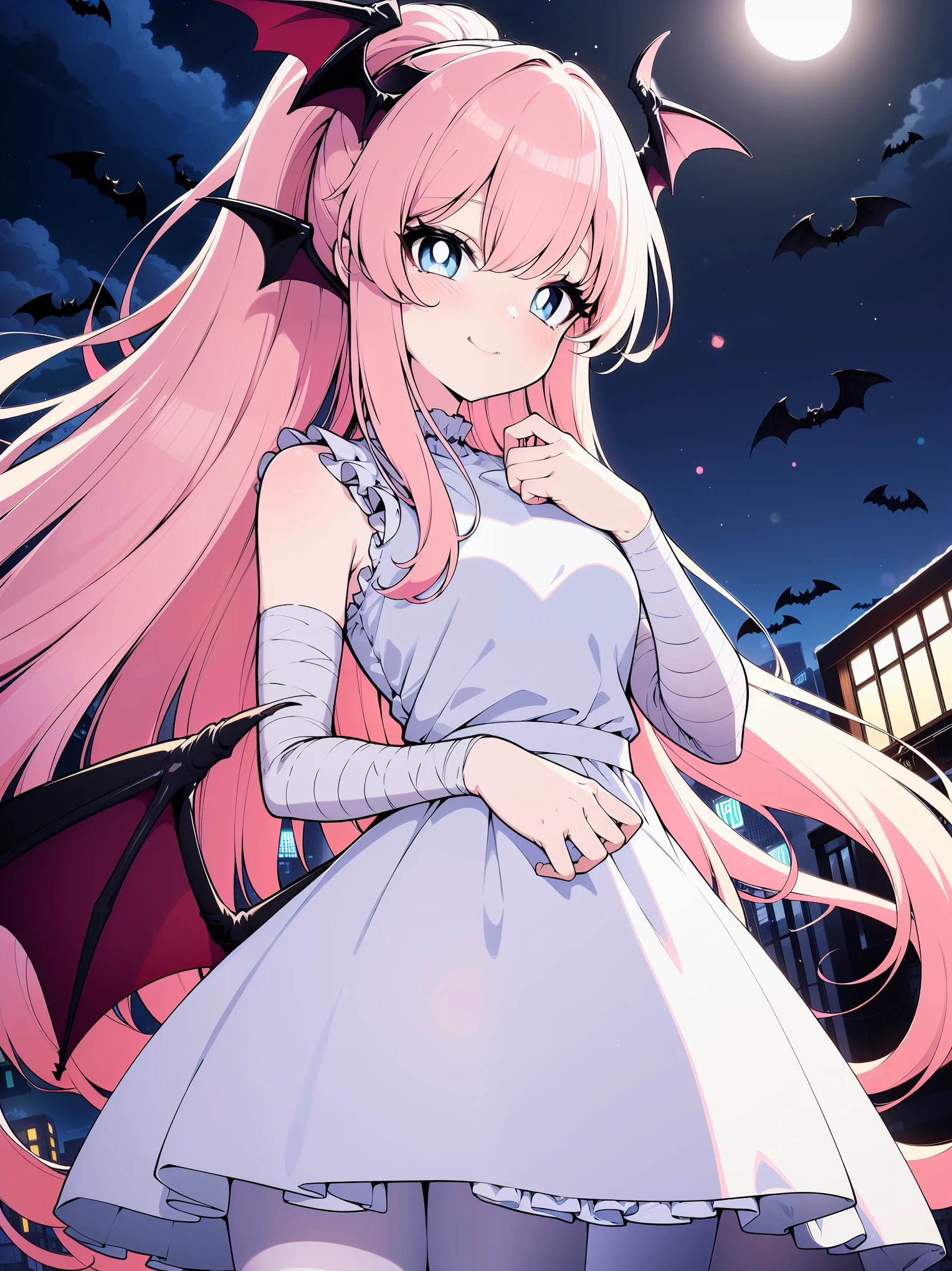 sfw, (medium full shot), (ultra-high resolution, depth of field:1.2), succubus, 1woman, light pink hair, ponytail, (cute bat wings on the head), (light blue eyes), white pupils, bandages, medium breasts, white sundress, long skirt, pantyhose, gentle smile, harajuku scenery, night time