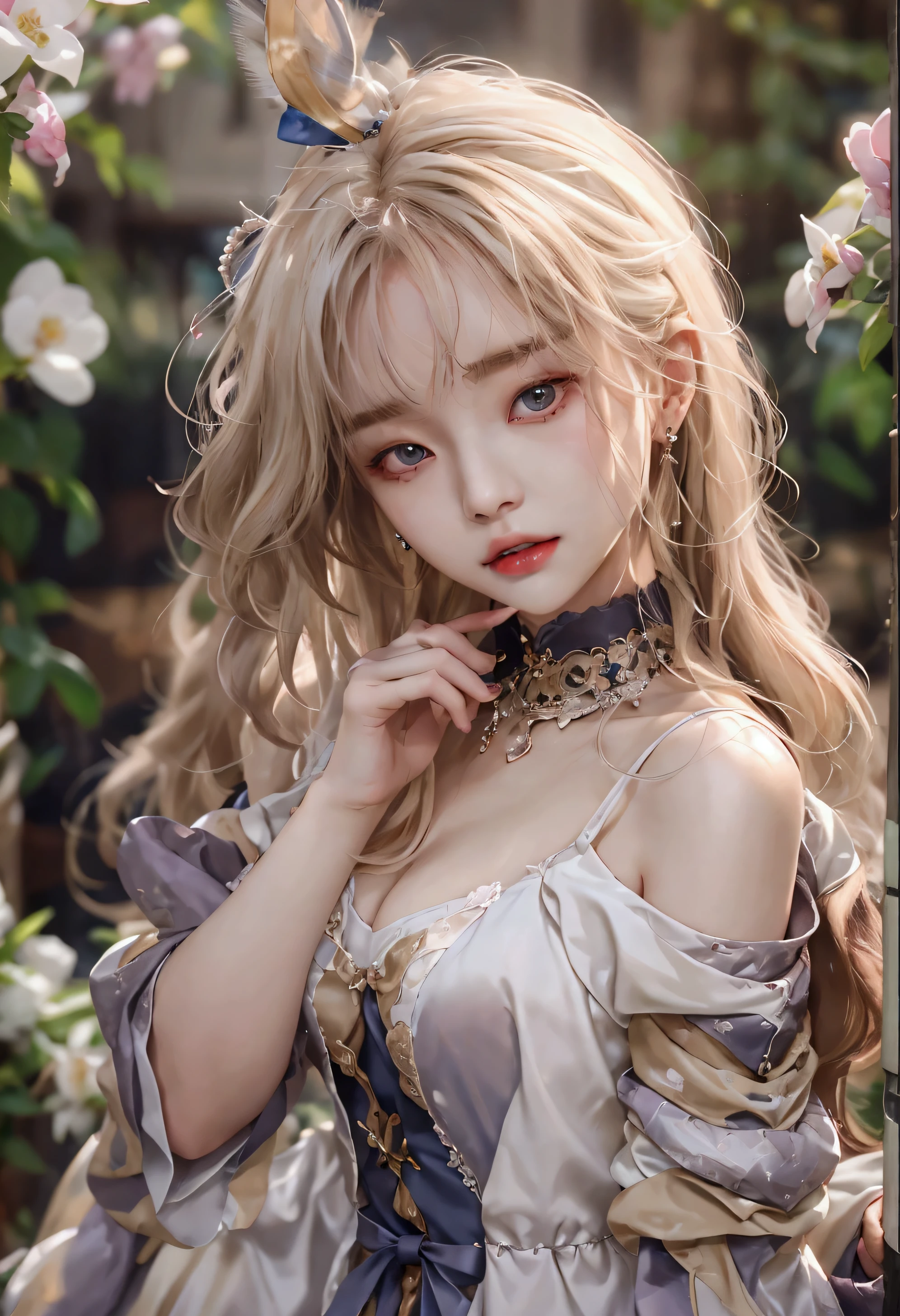 young woman/ young woman with light blonde hair, platinum ruby hair, wavy hair, Porcelain skin, milky white skin, pale skin and slightly flushed, Hwang Hyunjin's way, cabello rubio y Porcelain skin, pompous lips and face of hwang hyunjin and green eyes full of innocence. his face conveys innocence