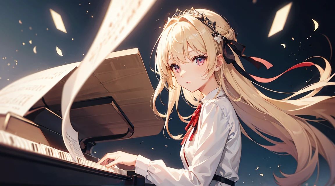 Woman playing piano, 1 girl、Particles of light, White Dress, masterpiece、(Detailed eye features)、(Detailed facial features)、(Detailed clothing features)、shirt、hair band、Red eyes、Skirt、Best、Long sleeve、Blonde、(microphone:1.2)、白のshirt、Neck ribbon、襟付きshirt、Black Skirt、黒いBest、From the side、Depth of written boundary、Particles of light、Piano chair