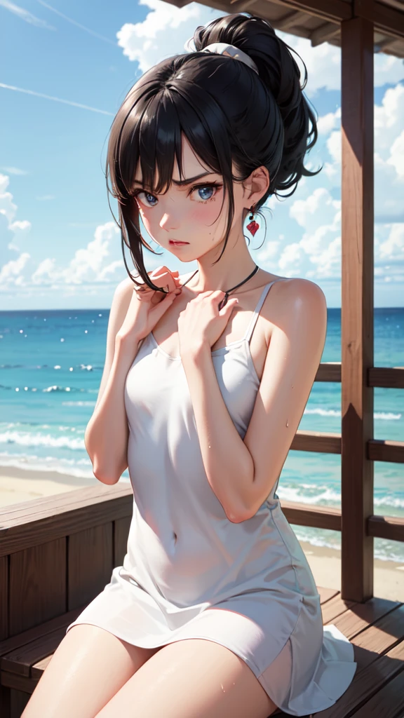 masterpiece, best quality, earrings, transparent, white dress, black hair, small breasts, girl, alone, upper body, hot, sweaty, sitting, ponytail, looking at camera, hands on own chest, ocean, cruiser, sitting, angry