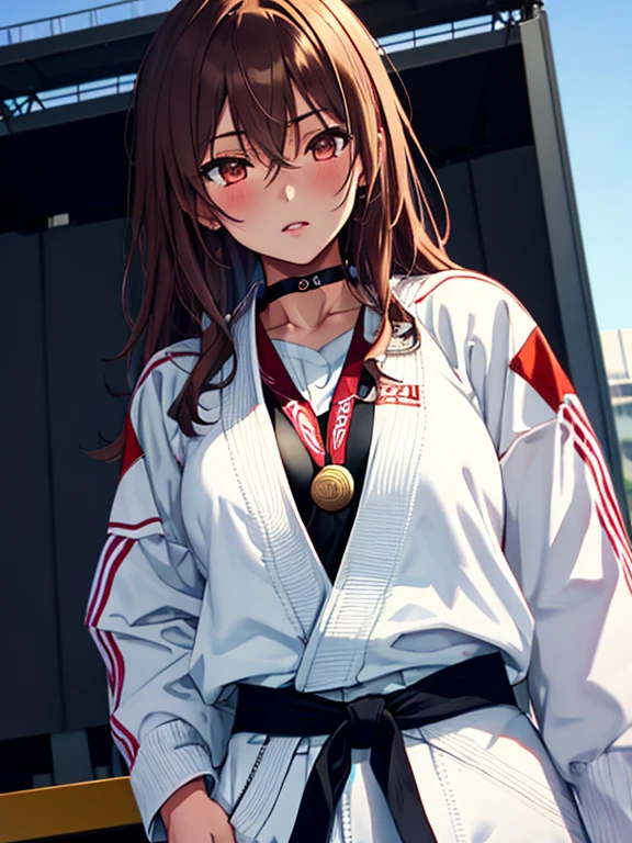 (Podium:1.5), Banzai, (Judo), (gold medal), Misaka Mikoto, 1girl, black choker, uhd, retina, masterpiece, ccurate, anatomically correct, textured skin, super detail, high details, high quality, best quality, highres, 4K
