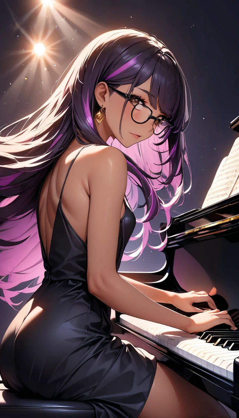 (highest quality:1.2, Very detailed, up to date, Vibrant, Ultra-high resolution, High Contrast, masterpiece:1.2, highest quality, Best aesthetics), Portraiture、girl、((25-years-old:1)), (black evening dress:1.3), loose fit, Bright colors、Beautiful fine details、Beautiful lip detail, long hair、black and purple ((streaked hair:1.6)), highlights hair: 1.5, brown eyes, glasses, gold earrings, ((slim body:1.4)), (small breast:0.7), (dark skin:0.5), (sitting and playing the grand piano:1), ((sit on piano chair:1)), (There is an open sheet music on the piano.), classic concert hall, spot light, side view, (cowboy shot:1.5),