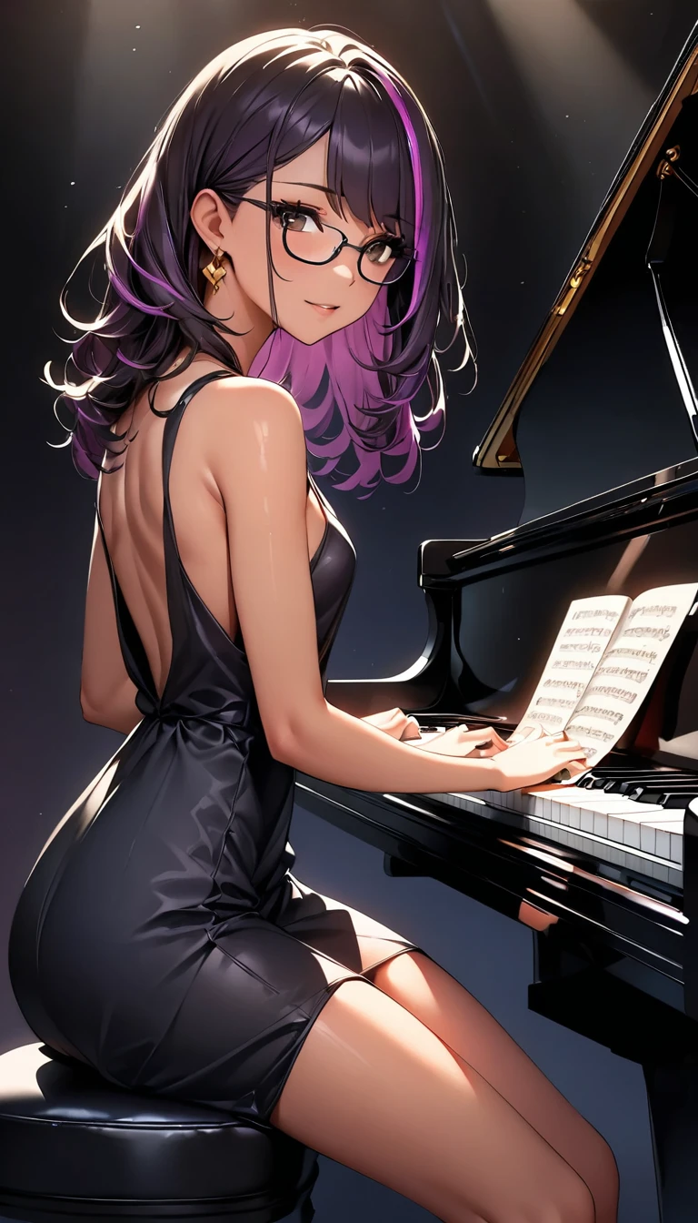(highest quality:1.2, Very detailed, up to date, Vibrant, Ultra-high resolution, High Contrast, masterpiece:1.2, highest quality, Best aesthetics), Portraiture、girl、((25-years-old:1)), (black evening dress:1.3), loose fit, Bright colors、Beautiful fine details、Beautiful lip detail, long hair、black and purple ((streaked hair:1.6)), highlights hair: 1.5, brown eyes, glasses, gold earrings, ((slim body:1.4)), (small breast:0.7), (dark skin:0.5), (sitting and playing the grand piano:1), ((sit on piano chair:1)), (There is an open sheet music on the piano.), classic concert hall, spot light, side view, (cowboy shot:1.5),