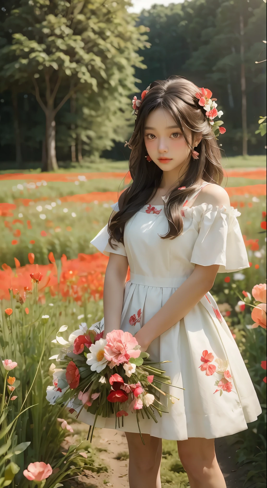 there is a  in a red and white dress holding a bouquet, girl in flowers, picking flowers, holding flowers, picking up a flower, girl standing in flower field, girl standing in a flower field, flowers on heir cheeks, girl in a flower field, portrait of girl in flower field, girl walking in forest, girl with a flower head