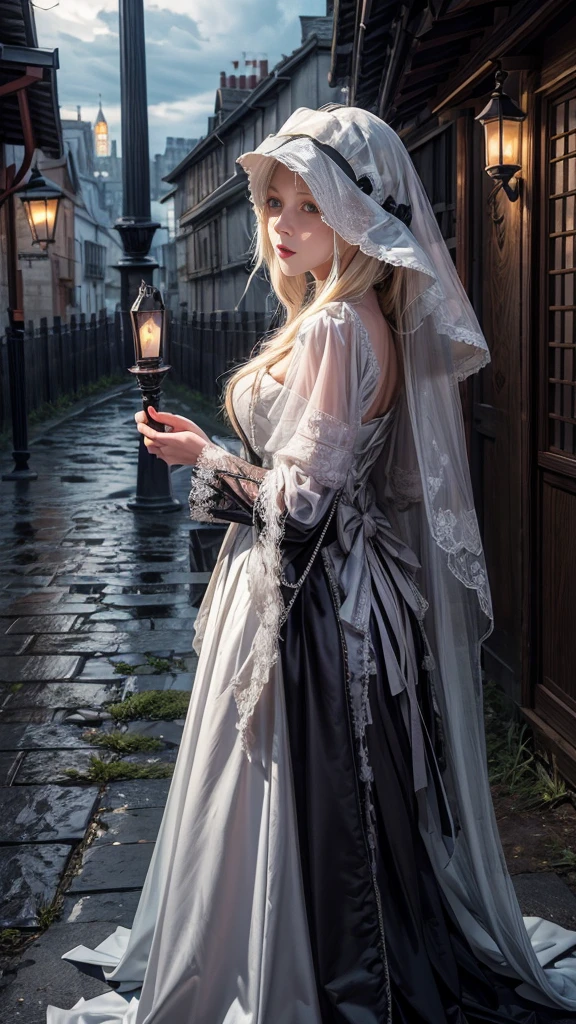 extremely detailed, detailed background, source_anime, plague doctor, long beak, white veil, fancy veil, holding poison vial, white plague doctor mask, gothic city background, night, lowlight, clouds of poison, white surgery dress, looking at viewer, close up, from below, from side, alleyway