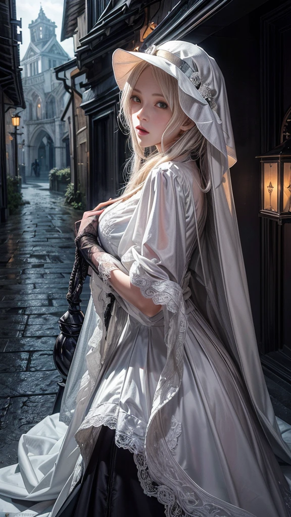 extremely detailed, detailed background, source_anime, plague doctor, long beak, white veil, fancy veil, holding poison vial, white plague doctor mask, gothic city background, night, lowlight, clouds of poison, white surgery dress, looking at viewer, close up, from below, from side, alleyway