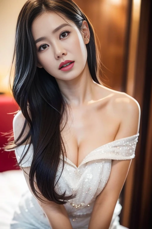 , (Mature body), Solitary,Long gray hair,black hair color, Off-shoulder, black eyes,1 Sister,A sexy pose,best quality,masterpiece,light,Extremely exquisite and beautiful,CG,Unite,8k wallpaper,Astonishing,detailed,masterpiece,Official Art,The content is very detailed Cg Unite 8k wallpaper,Extremely ridiculous,Huge file size,ultra - detailed,high resolution,The content is very detailed,Beautiful and delicate girl,Practical,full,Hotel Room,Light Contrast, Lopez, fully body photo, full, White under underwear