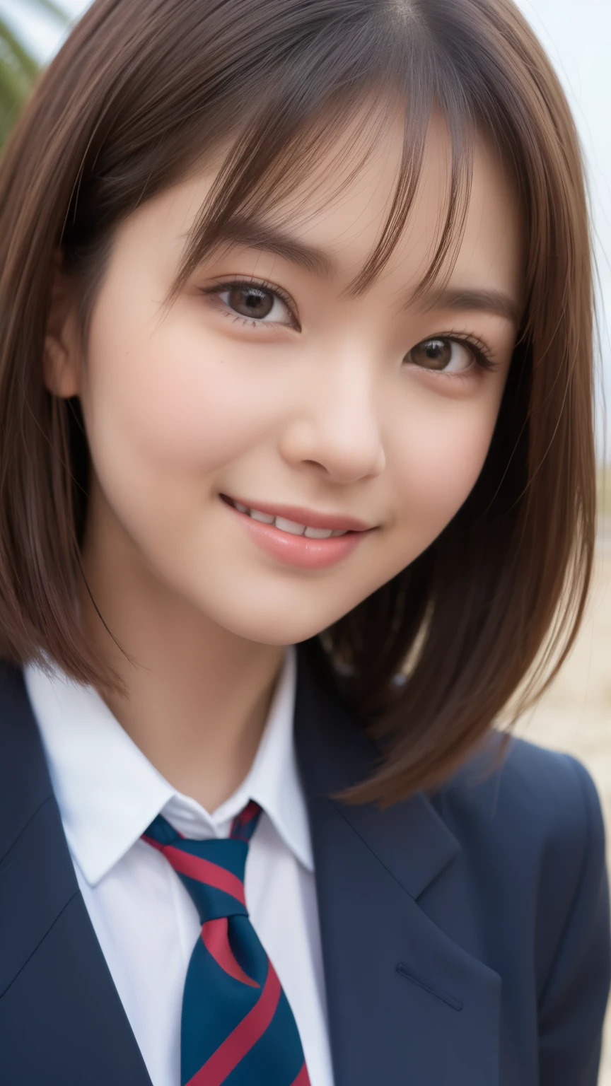 3 Girls, (大きなsmile), Beautiful Face, Great face and eyes, delicate, Ultra-realistic capture, Highly detailed, High resolution 16k close-up of human skin. Skin texture must be natural, With such detail that pores can be finely identified. Skin should look healthy, In a uniform tone. Use natural light and color,, (Princess Haircut Style), かわいいsmile, Brown eyes, (非常に詳細なBeautiful Face), (High School Uniform:1.2), smile, Modern, trend, Fashionable, Group photo of high school girls, Face close-up, (Beach)