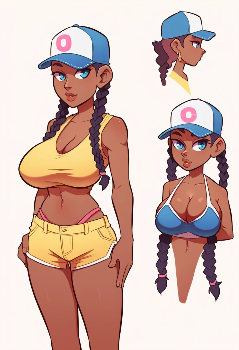 score_9, score_8_up, score_7_up, score_6_up, Character concept art of a dark skinned woman, twin braids, yellow top, khahki shorts, massive breasts, baseball cap, fashionable, thick outlines, high detail, white background,