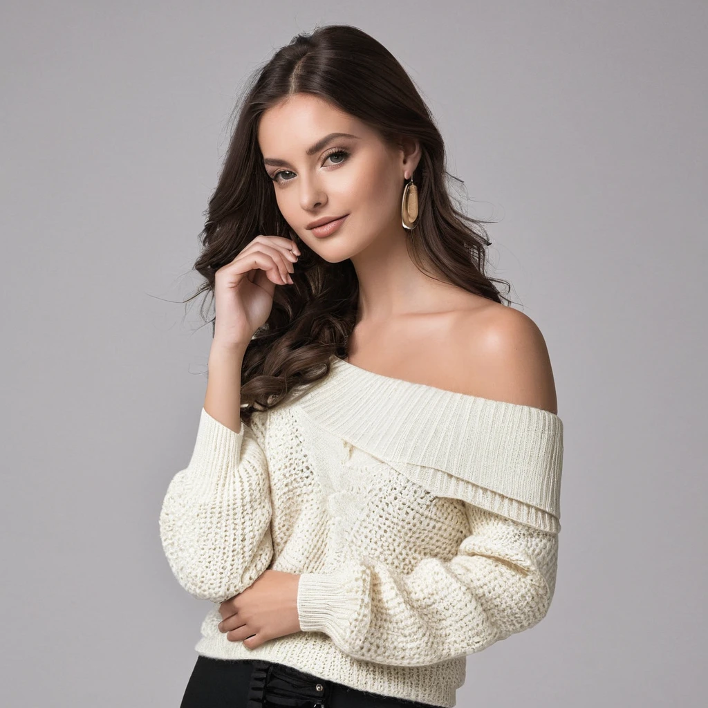 Beautiful brunette girl wearing off shoulder sweater of off white colour