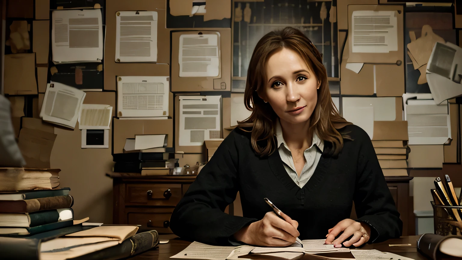 "J.K. Rowling at her writing desk, surrounded by rejection letters from 12 publishers. The background features a wall of Harry Potter books, showing her success despite initial setbacks."HD