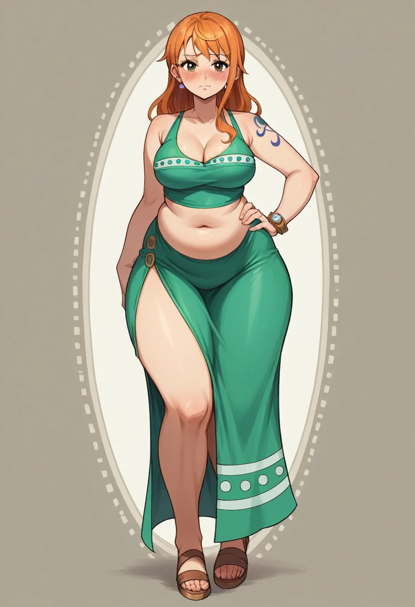 ((Masterpiece)), perfect anatomy, perfect shading, field of depth, (best quality), extremely delicate and beautiful, perfect lighting, detailed face, ultra cute face, cute, (cowboy shot 1.2), full body, (((1girl))), ((solo)), looking at viewer,

Nami, orange hair, blue eyes, ((blush)), (red cheeks), shy, nervous (red long dress 1.5), extremely tight clothes, ((a bit chubby)), ((a bit chubby belly bottom)), (sexy), big deep navel, fat rolls, medium breasts, ((wide hips)), (((thick thighs))), ((curvy))

intricate background, detailed background, hand on hip