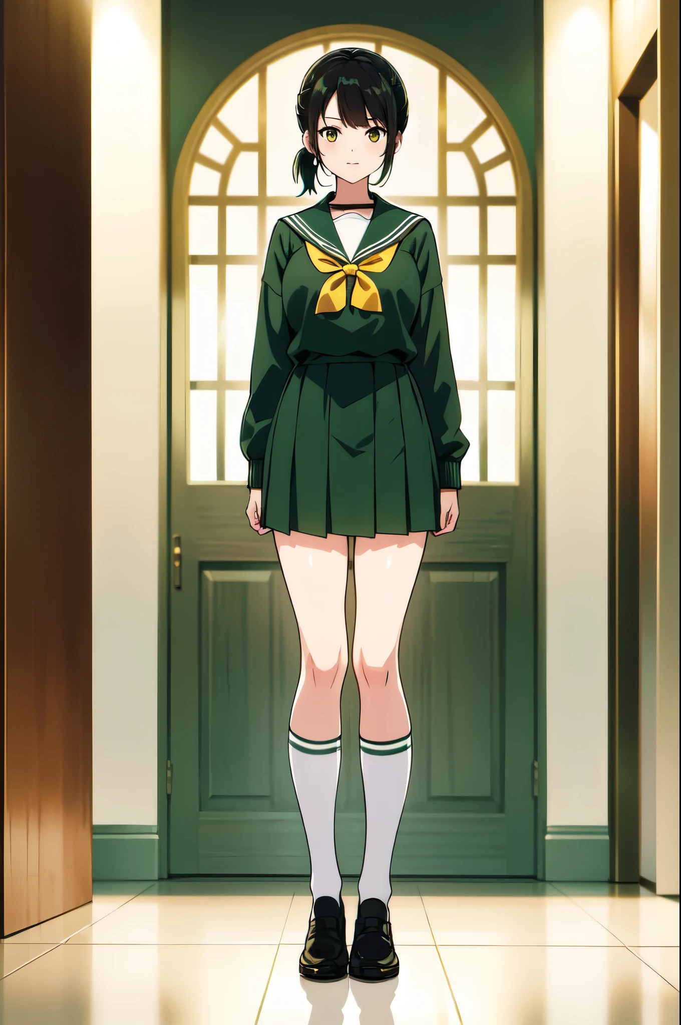 masterpiece, 32K, extremely detailed, finely detail, intricate details,
BREAK
(absurdres:1.1, highres:1.1, ultra detailed:1.1),
insanely detailed, absurdres,
(high resolution:1.1, ray tracing:1.1, refraction:1.1)
(1 girl, 独奏:1.3),
BREAK
perfect symmetrical face, Black Hair, high school girl, Green sailor suit, Yellow ribbon, Knee-high socks, loafers, Hair pulled back, High Ponytail, 吊り目
BREAK
(((full body))), standing,
BREAK