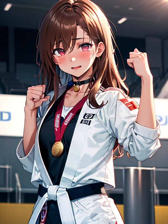(Podium:1.5), Raise your fist, Tears of joy, (Judo), (gold medal), Misaka Mikoto, 1girl, black choker, uhd, retina, masterpiece, ccurate, anatomically correct, textured skin, super detail, high details, high quality, best quality, highres, 4K
