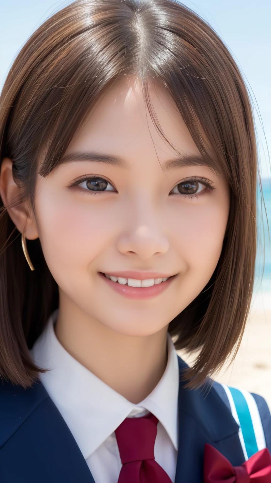 3 Girls, (大きなsmile), Beautiful Face, Great face and eyes, delicate, Ultra-realistic capture, Highly detailed, High resolution 16k close-up of human skin. Skin texture must be natural, With such detail that pores can be finely identified. Skin should look healthy, In a uniform tone. Use natural light and color,, (Princess Haircut Style), かわいいsmile, Brown eyes, (非常に詳細なBeautiful Face), (High School Uniform:1.2), smile, Modern, trend, Fashionable, Group photo of high school girls, (Beach)