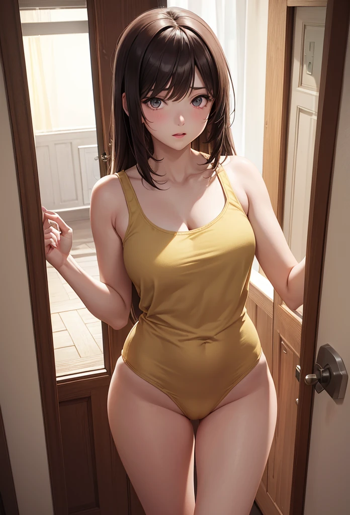 A beautiful girl opening a door with a sleepy expression, anime girl, (20 year old girl:1.3), housewife, inside the room, inside the house, yellow sleeveless camisole, beige lace panties, big round breasts, dark brown hair, long hair, wavy hair, messy hair, bangs aqua eyes, glowing eyes, pupils sparkling, blush, glossy lips, yawn, detailed face, slim waist, shapely legs, beautiful thighs, perfect body, anime CG style, high definition, natural light, high detail, anime, dithering, image fill, perspective, Wide-Angle, f/1.8, 85mm, Sony FE GM, 8k, 8k wallpaper, super detail, highly detailed CG, UHD, retina, masterpiece, accurate, anatomically correct, textured skin, highres, best quality:1.3, 16k